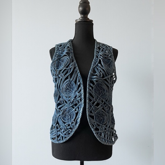 Vintage Tantrums Denim Vest Medium Handcrafted Jean Cutout Boho Western Festival - Picture 7 of 7